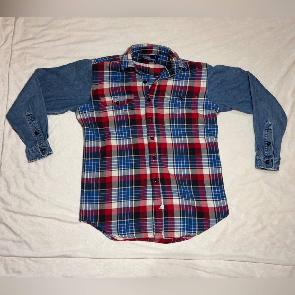 Polo Ralph Lauren VTG 90s 2 Tone Blue Magenta Plaid Cotton Denim Shirt Size Med